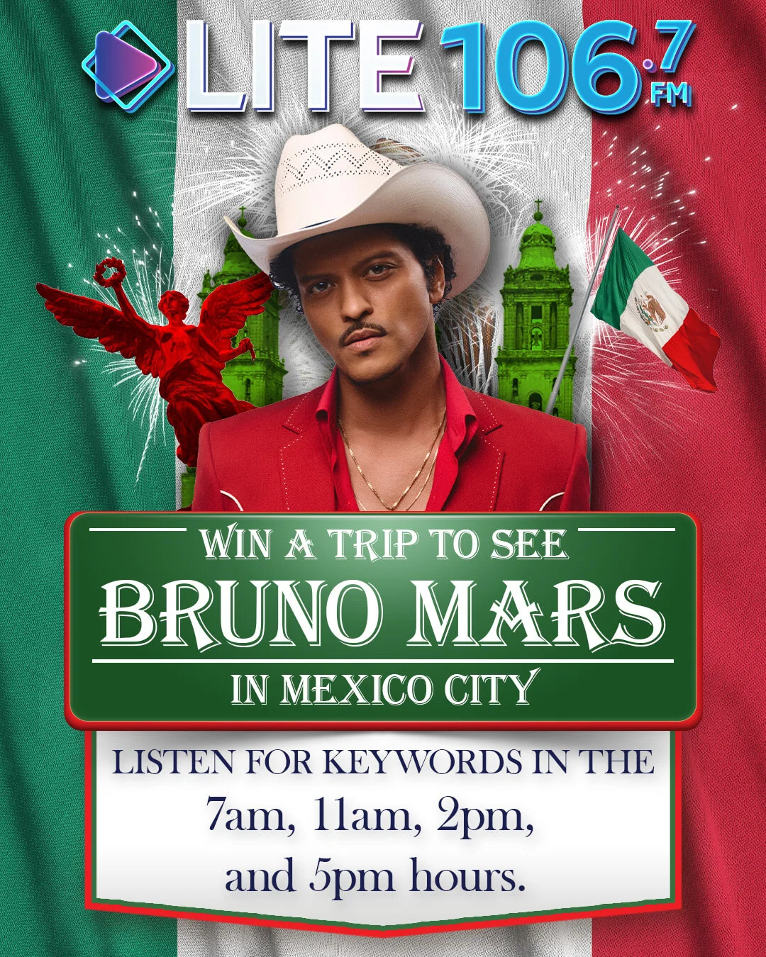 Win a trip to see Bruno Mars in Mexico City. Contest starts Monday, September 28th. LITE 106.7 FM.
